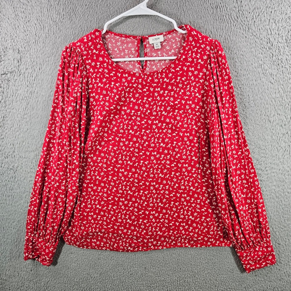 J.Crew Womens Red Floral Viscose Long Sleeve Puff Shoulder Blouse Top Size M